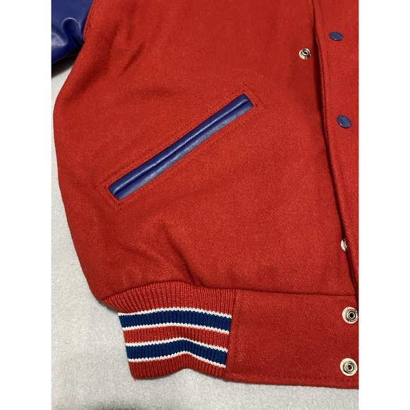 OMNI SPORTS Men's WOOL / LEATHER SLEEVE RED/BLUE VARSITY LETTERMAN JACKET - S - Picture 8 of 12